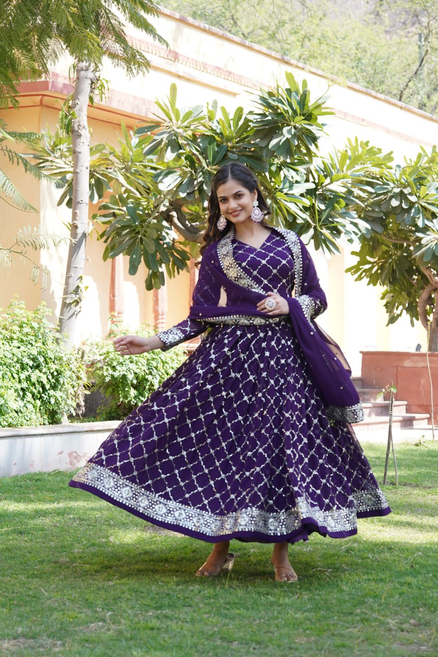 Purple Faux Blooming Sequin Embroidered Gown with Dupatta