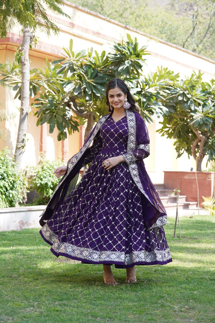 Purple Faux Blooming Sequin Embroidered Gown with Dupatta