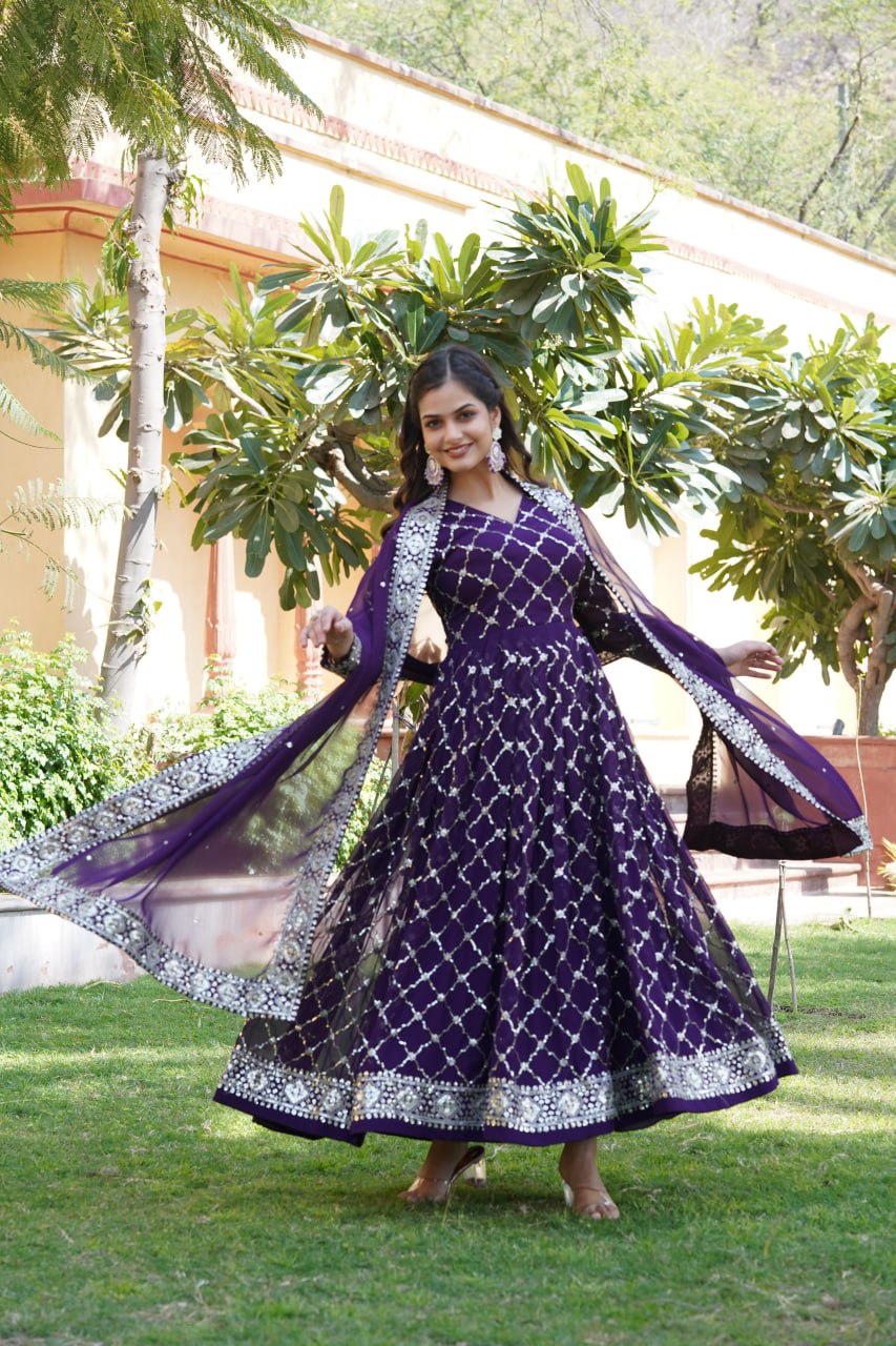 Purple Faux Blooming Sequin Embroidered Gown with Dupatta