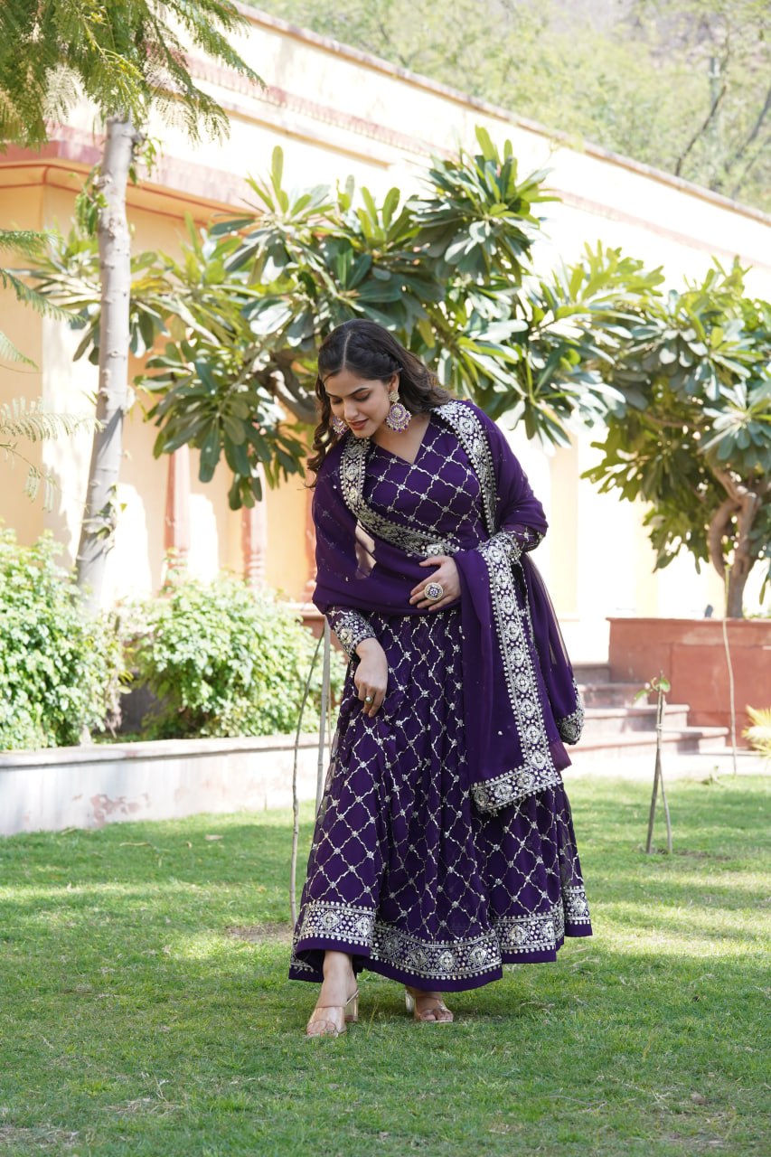 Purple Faux Blooming Sequin Embroidered Gown with Dupatta