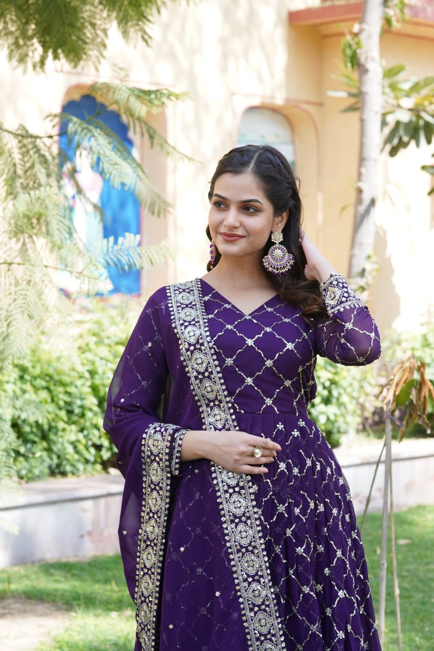 Purple Faux Blooming Sequin Embroidered Gown with Dupatta