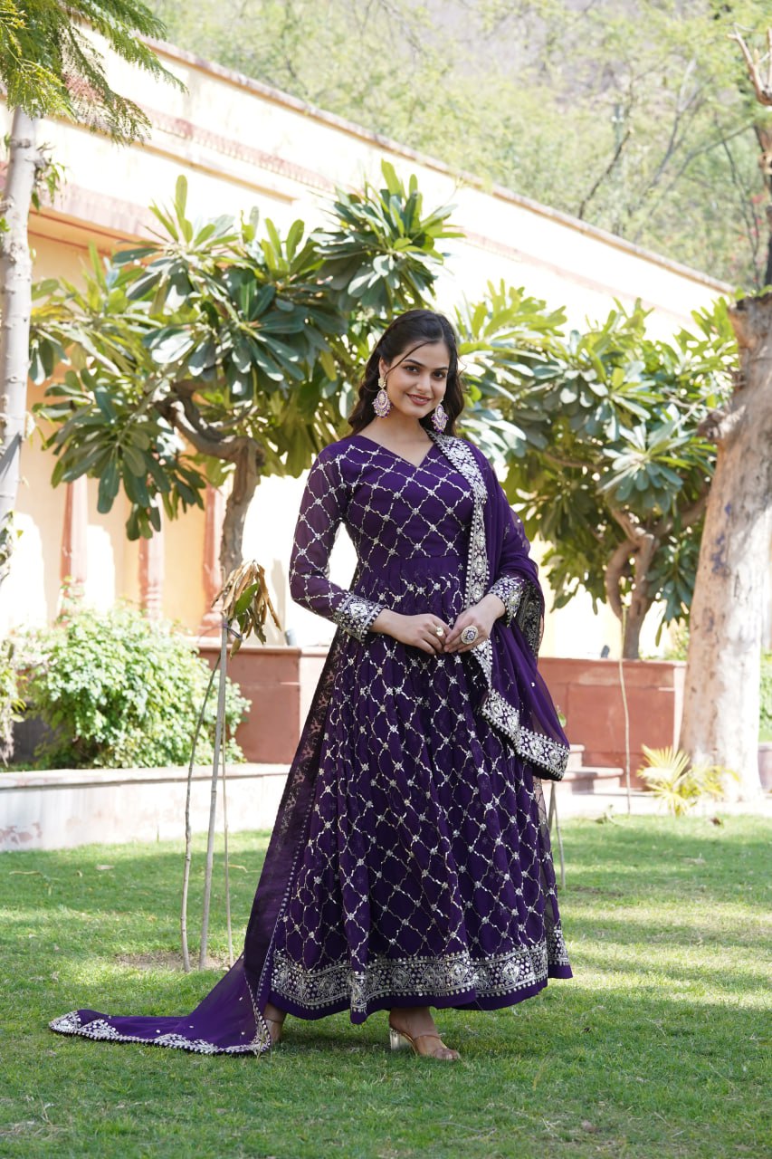 Purple Faux Blooming Sequin Embroidered Gown with Dupatta
