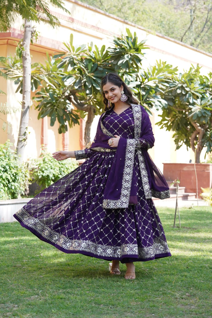 Purple Faux Blooming Sequin Embroidered Gown with Dupatta