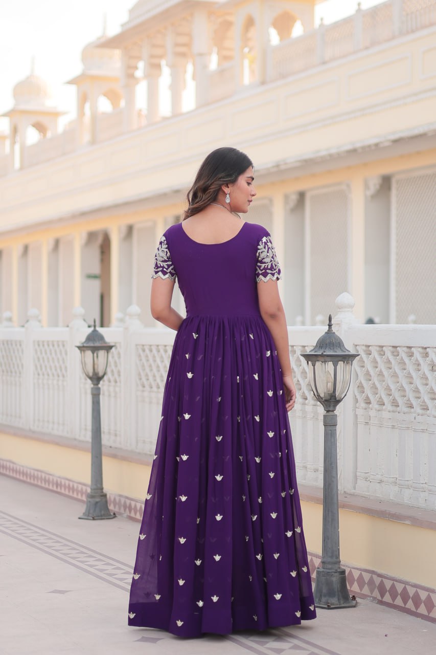Purple Faux Blooming Sequin Ready to Wear Embroidered Gown