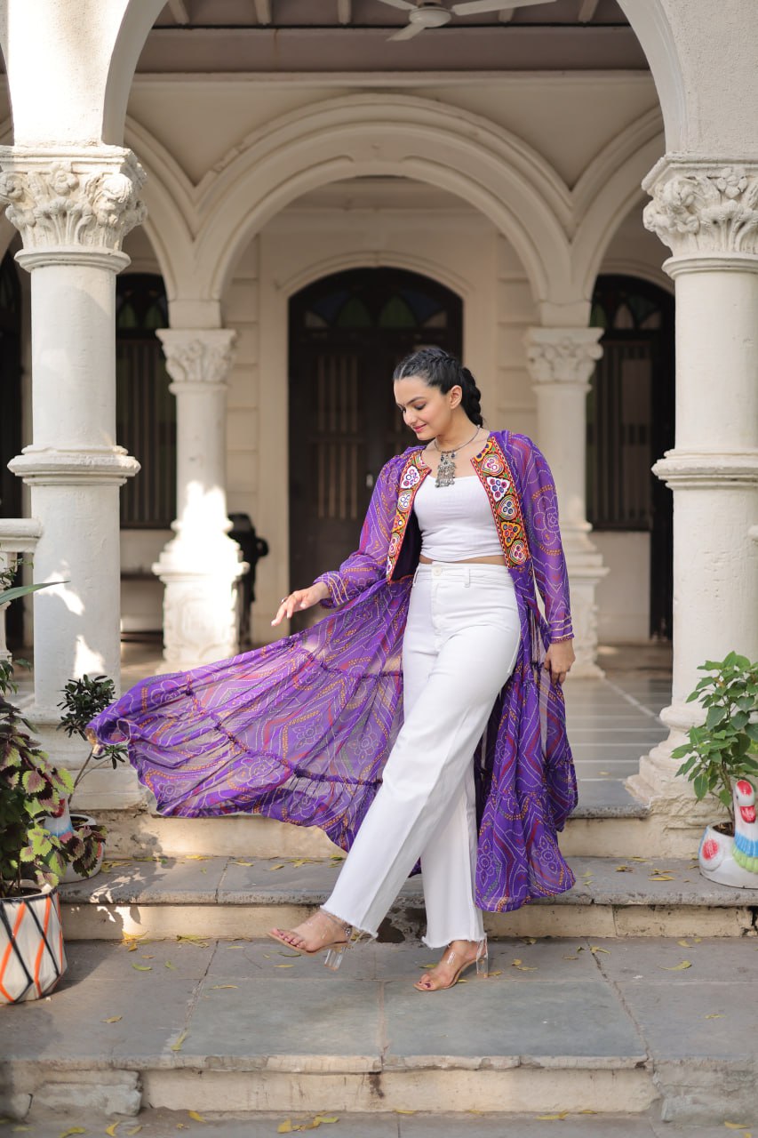 Purple Faux Georgette Bandhani Shrug with Kutchi Patchwork