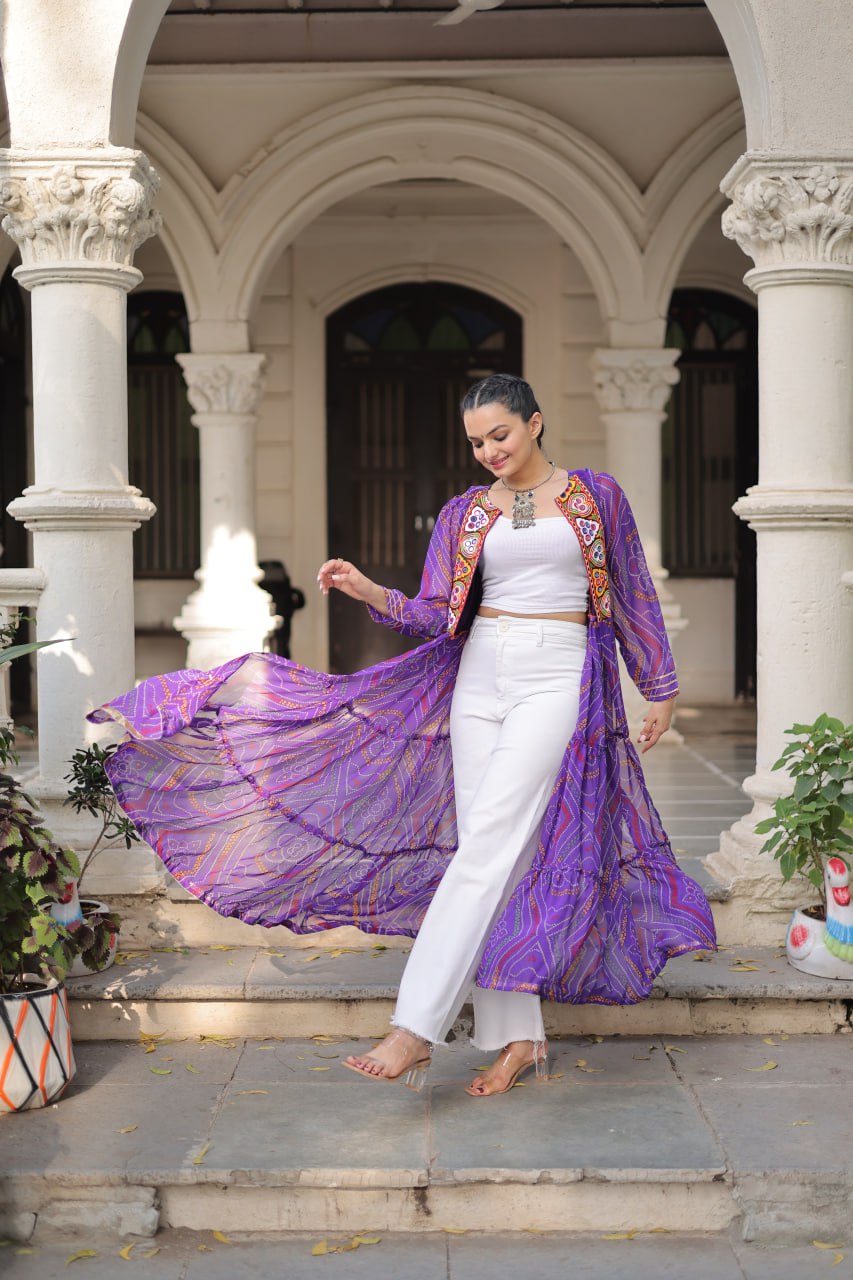 Purple Faux Georgette Bandhani Shrug with Kutchi Patchwork