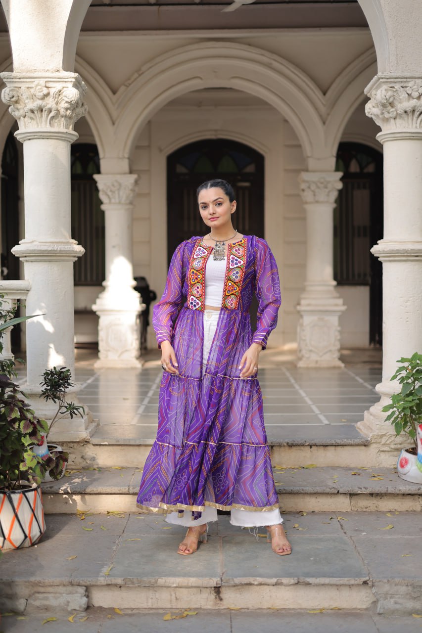 Purple Faux Georgette Bandhani Shrug with Kutchi Patchwork