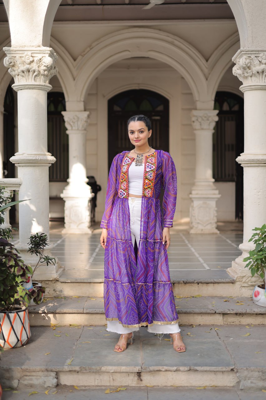 Purple Faux Georgette Bandhani Shrug with Kutchi Patchwork