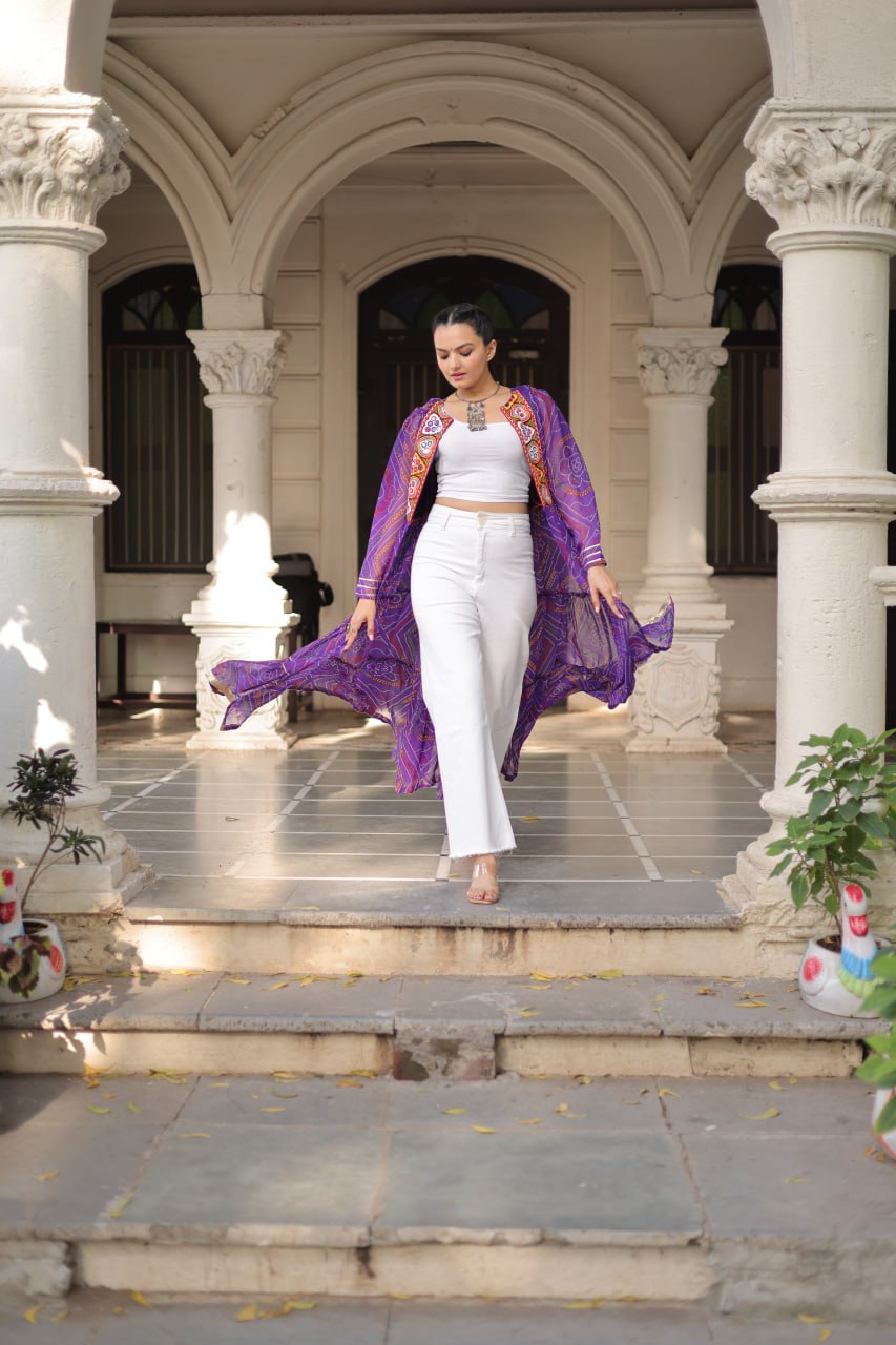 Purple Faux Georgette Bandhani Shrug with Kutchi Patchwork