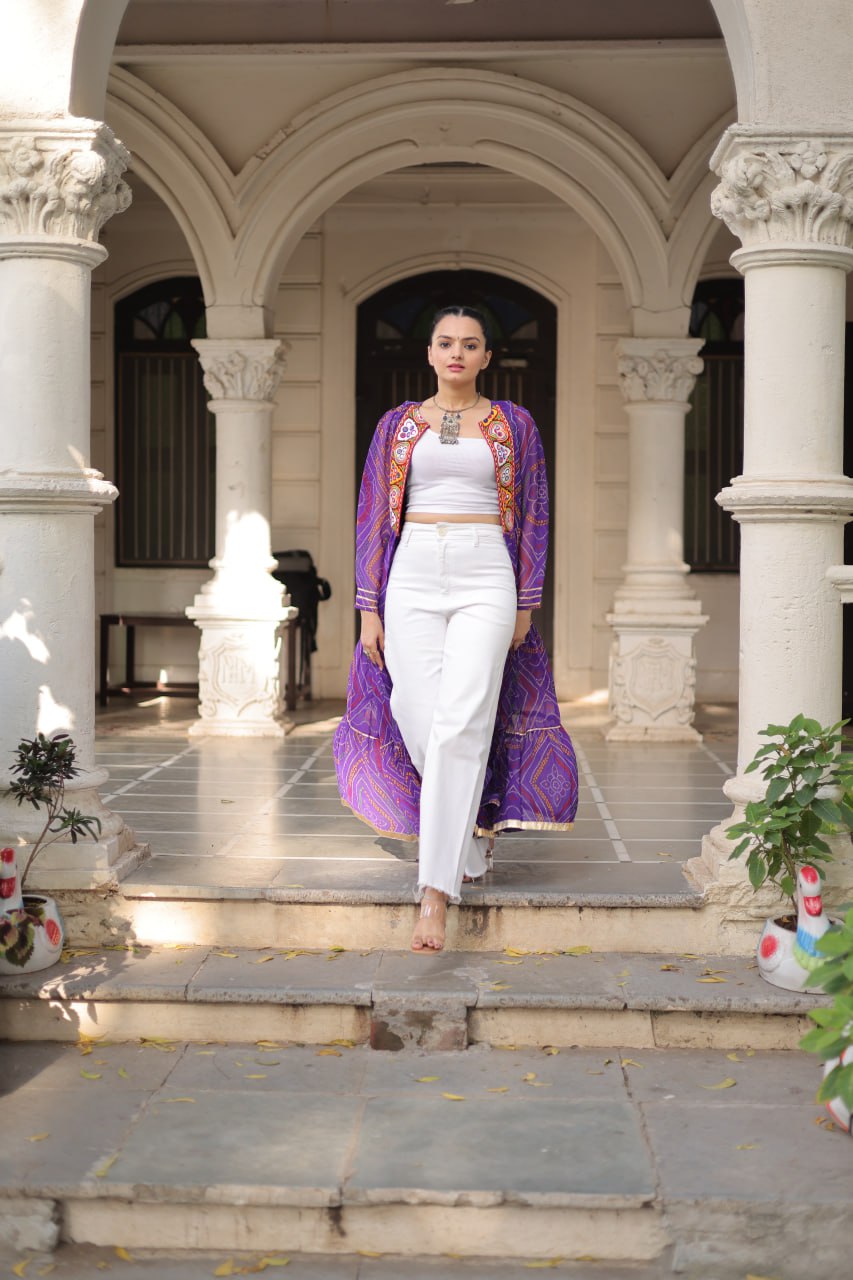 Purple Faux Georgette Bandhani Shrug with Kutchi Patchwork