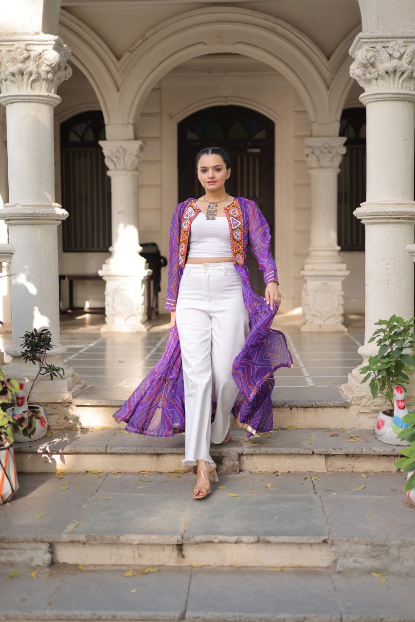 Purple Faux Georgette Bandhani Shrug with Kutchi Patchwork