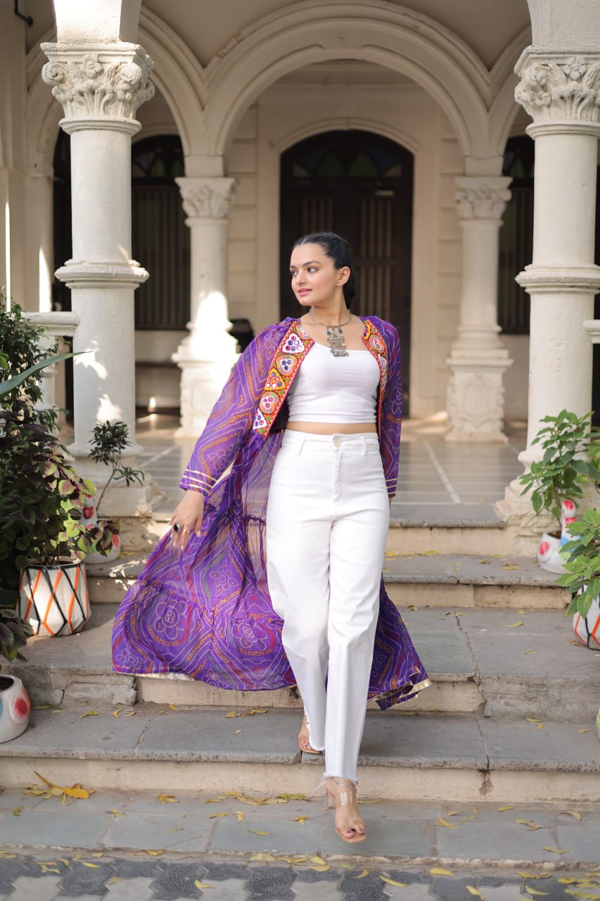 Purple Faux Georgette Bandhani Shrug with Kutchi Patchwork
