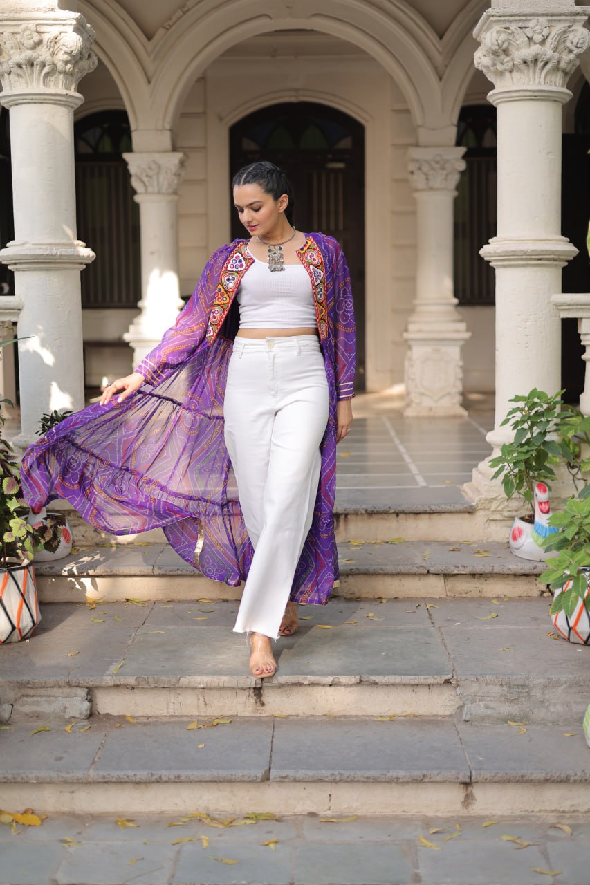 Purple Faux Georgette Bandhani Shrug with Kutchi Patchwork