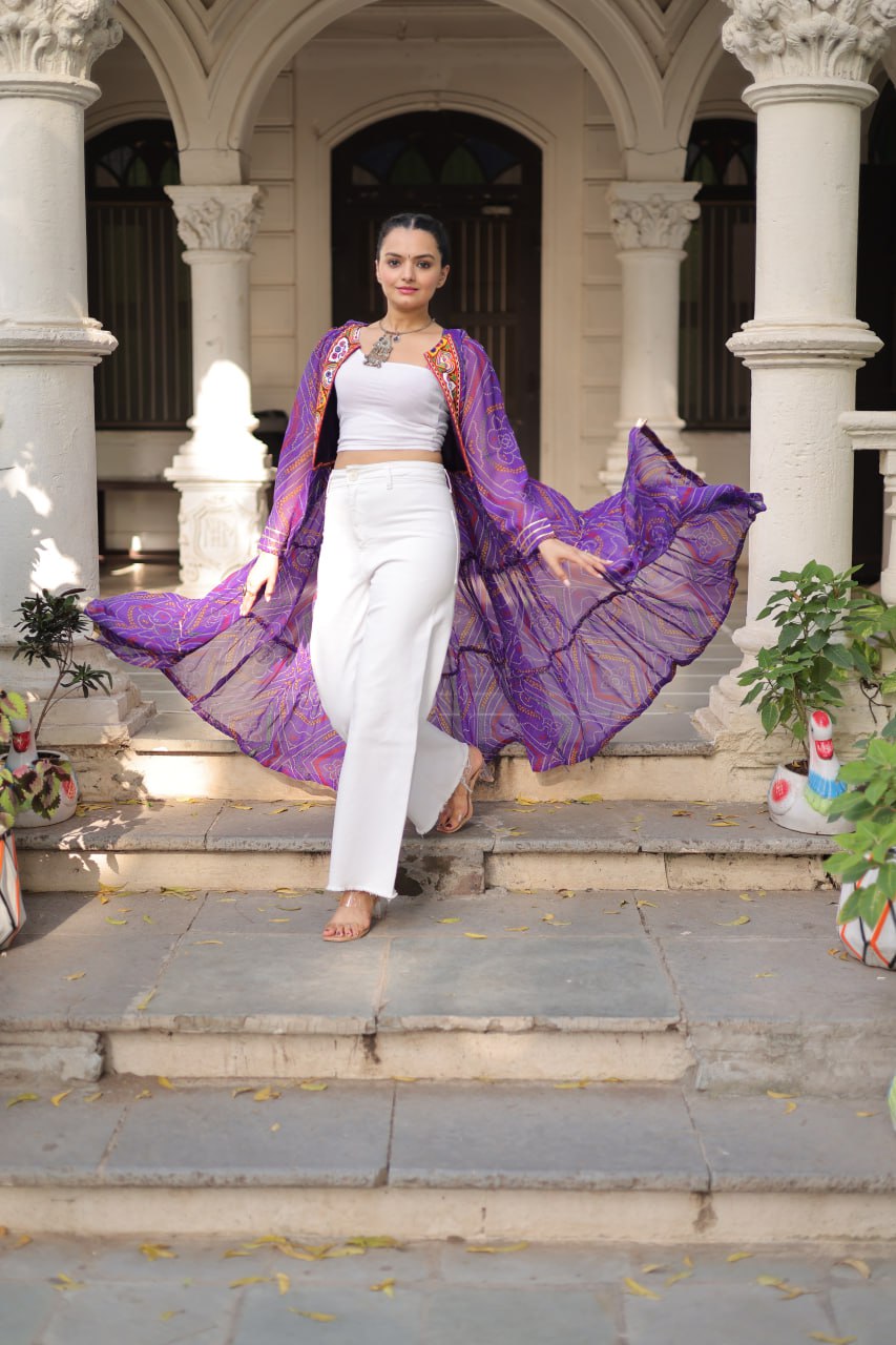 Purple Faux Georgette Bandhani Shrug with Kutchi Patchwork