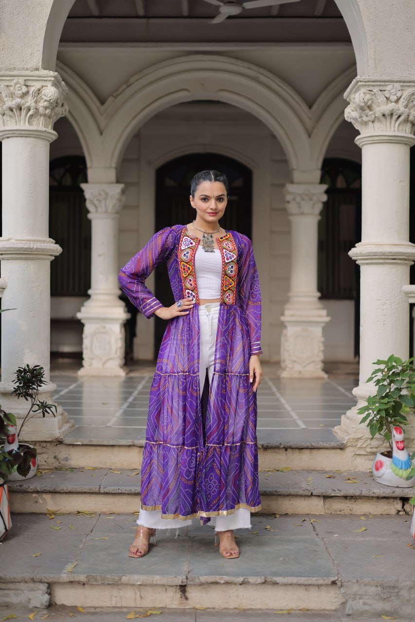 Purple Faux Georgette Bandhani Shrug with Kutchi Patchwork
