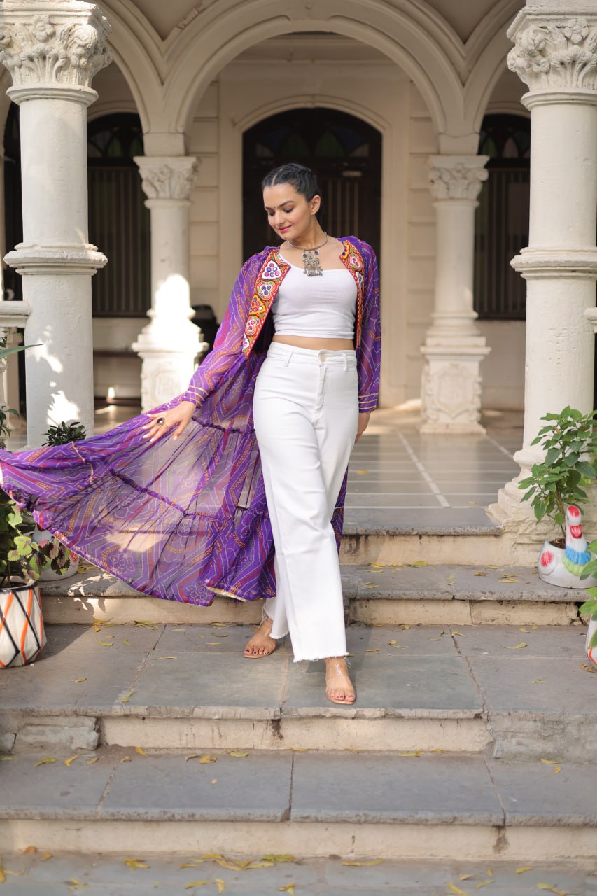 Purple Faux Georgette Bandhani Shrug with Kutchi Patchwork