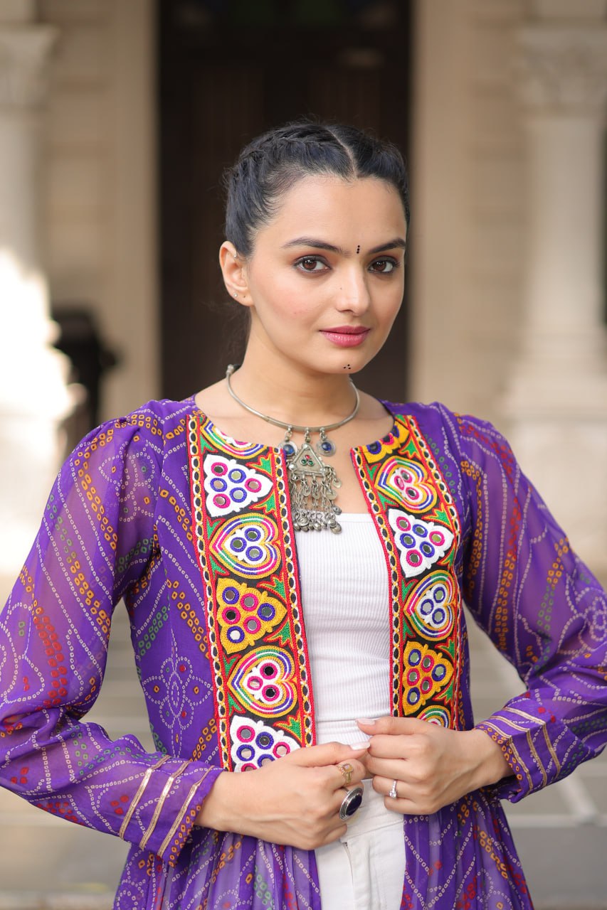 Purple Faux Georgette Bandhani Shrug with Kutchi Patchwork