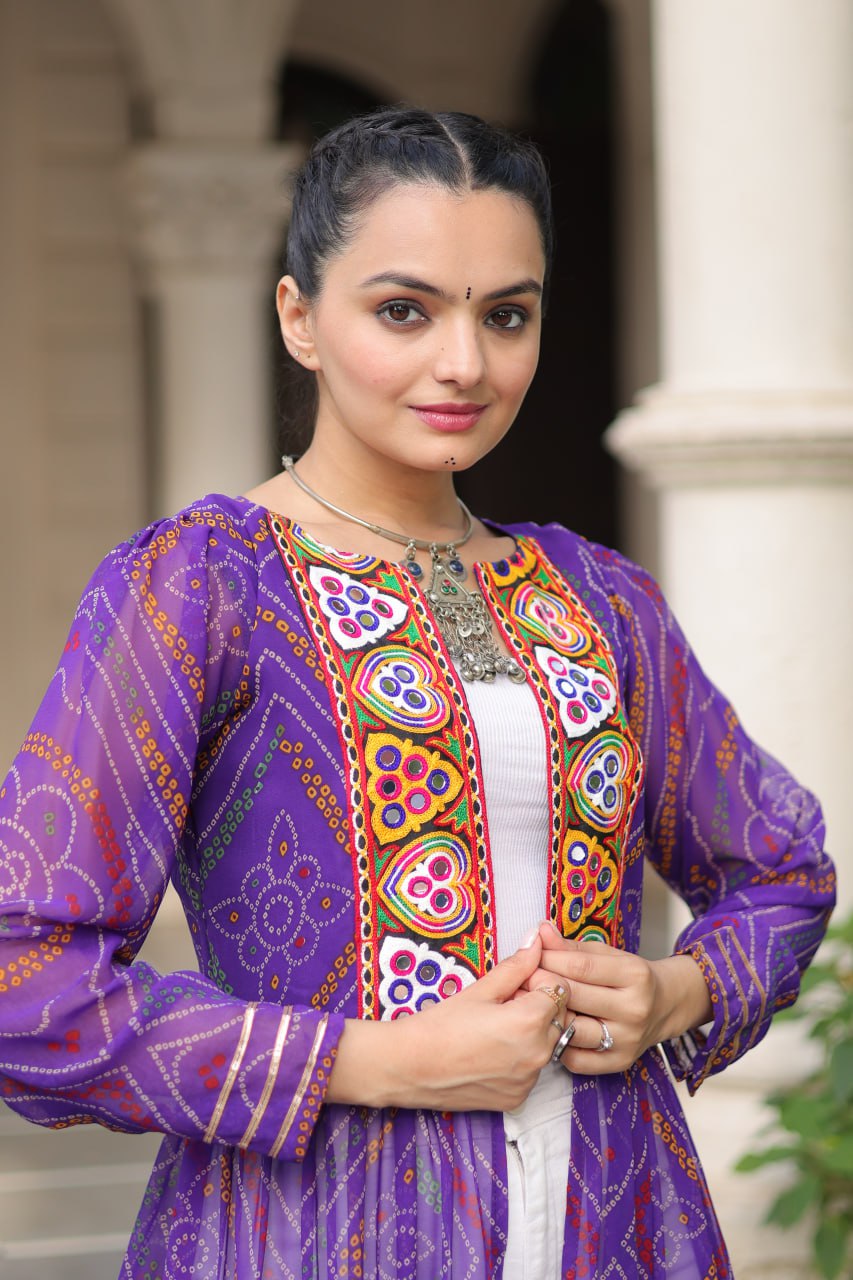 Purple Faux Georgette Bandhani Shrug with Kutchi Patchwork