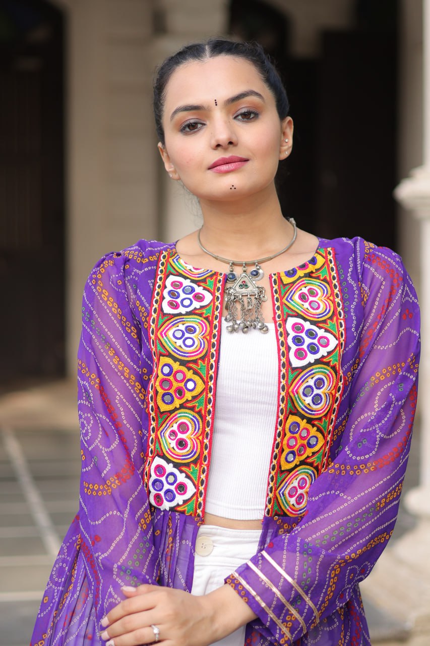 Purple Faux Georgette Bandhani Shrug with Kutchi Patchwork
