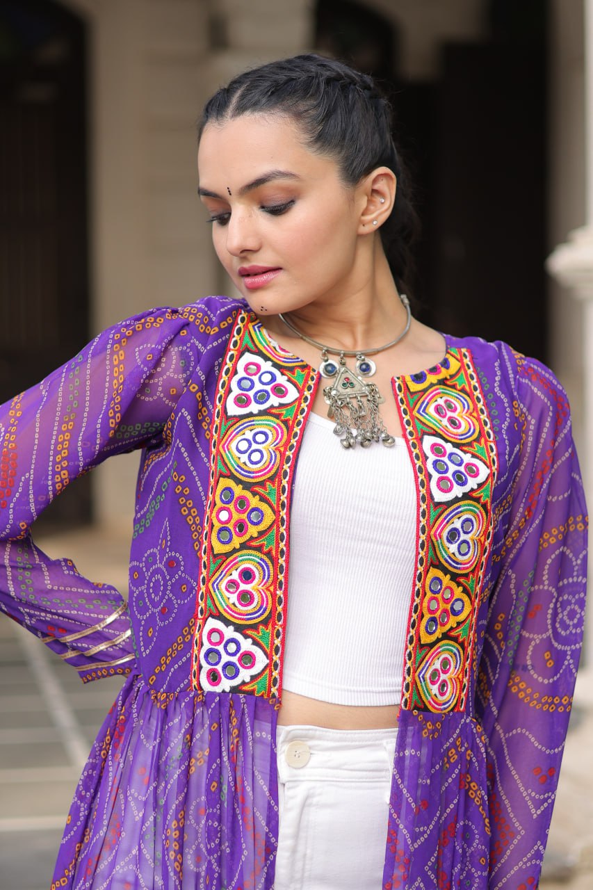 Purple Faux Georgette Bandhani Shrug with Kutchi Patchwork