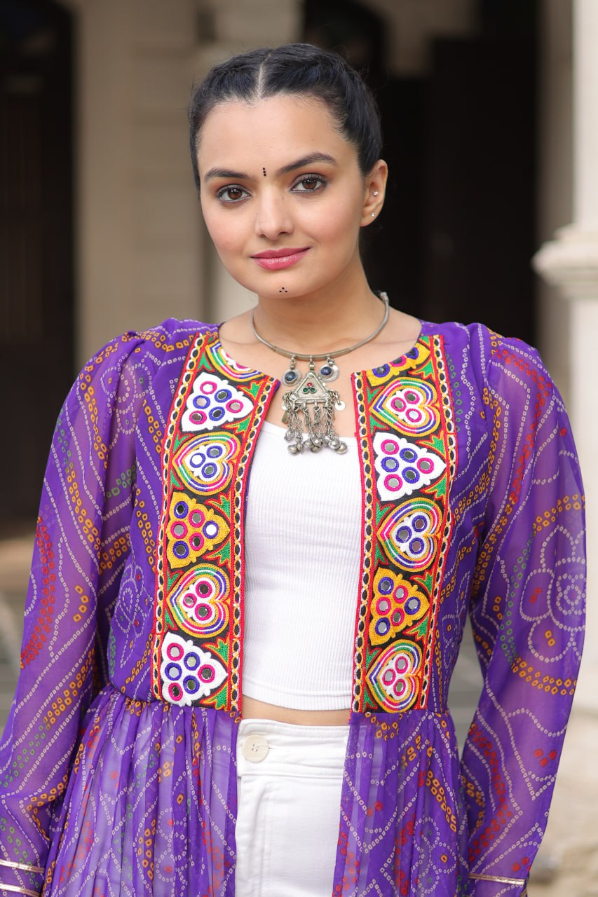 Purple Faux Georgette Bandhani Shrug with Kutchi Patchwork