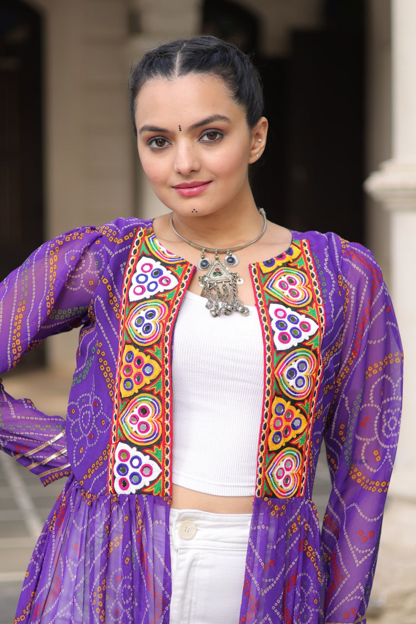 Purple Faux Georgette Bandhani Shrug with Kutchi Patchwork