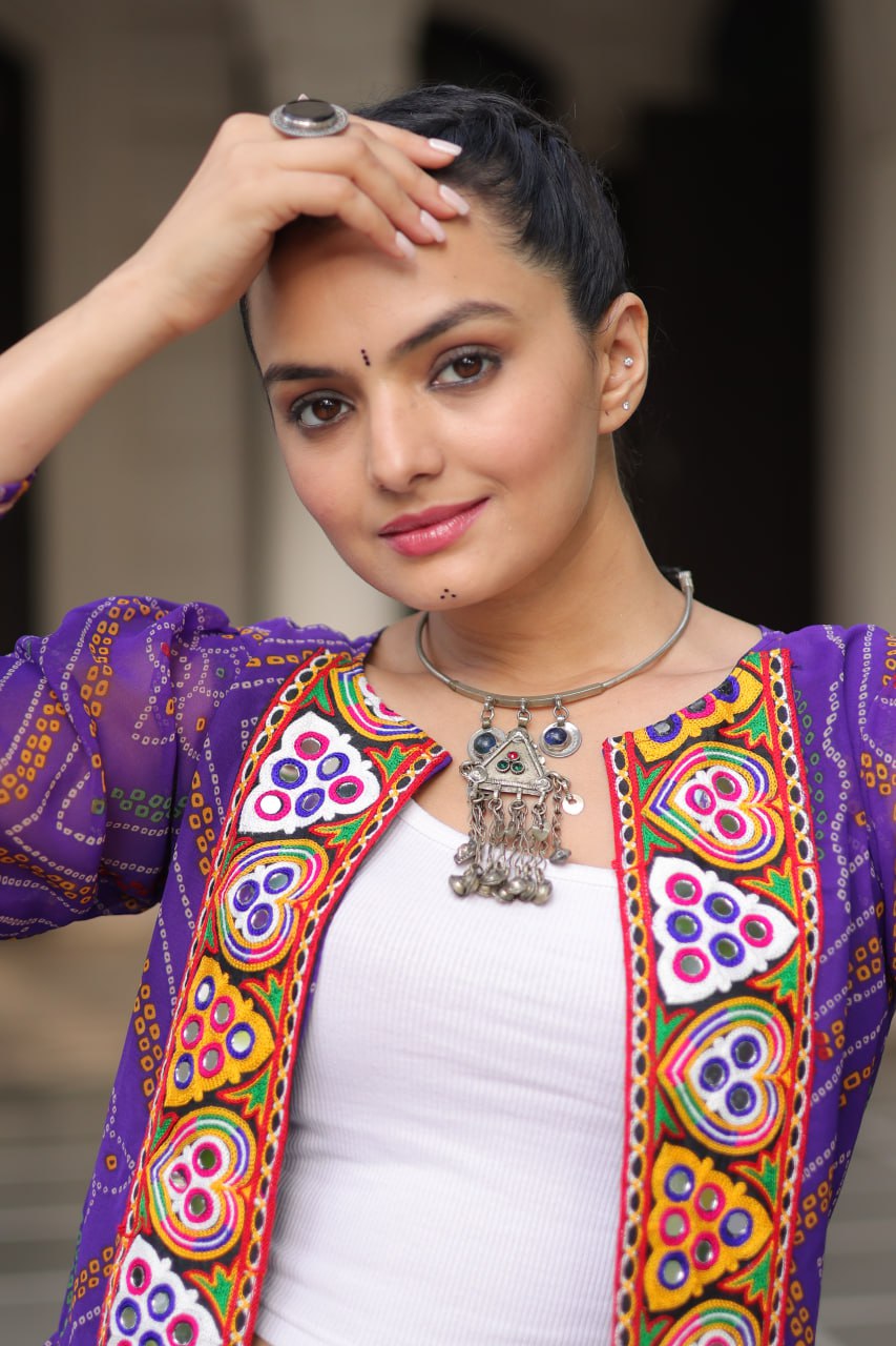 Purple Faux Georgette Bandhani Shrug with Kutchi Patchwork