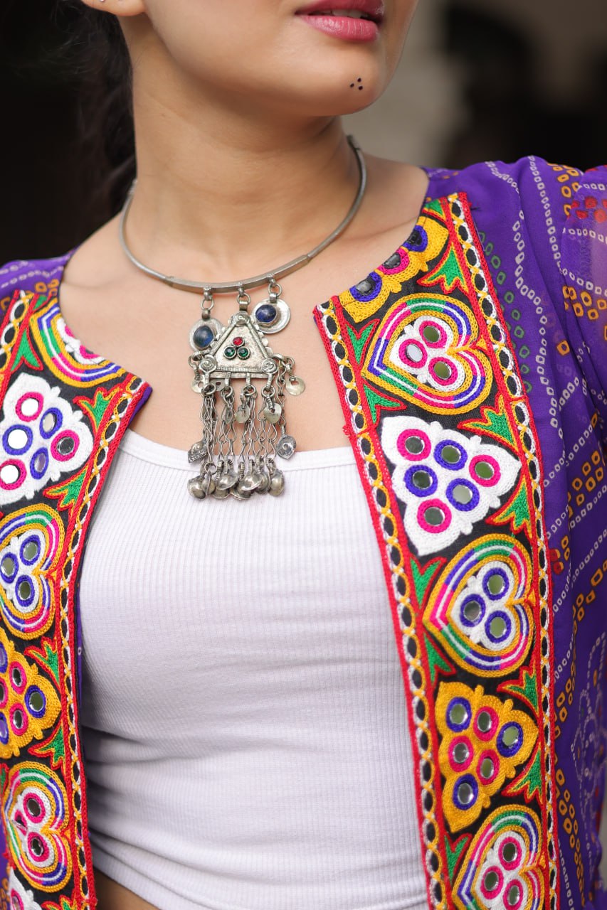 Purple Faux Georgette Bandhani Shrug with Kutchi Patchwork