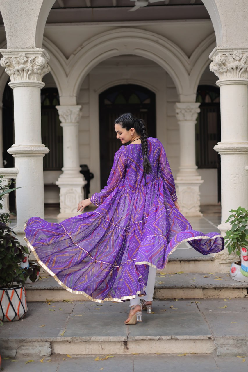 Purple Faux Georgette Bandhani Shrug with Kutchi Patchwork