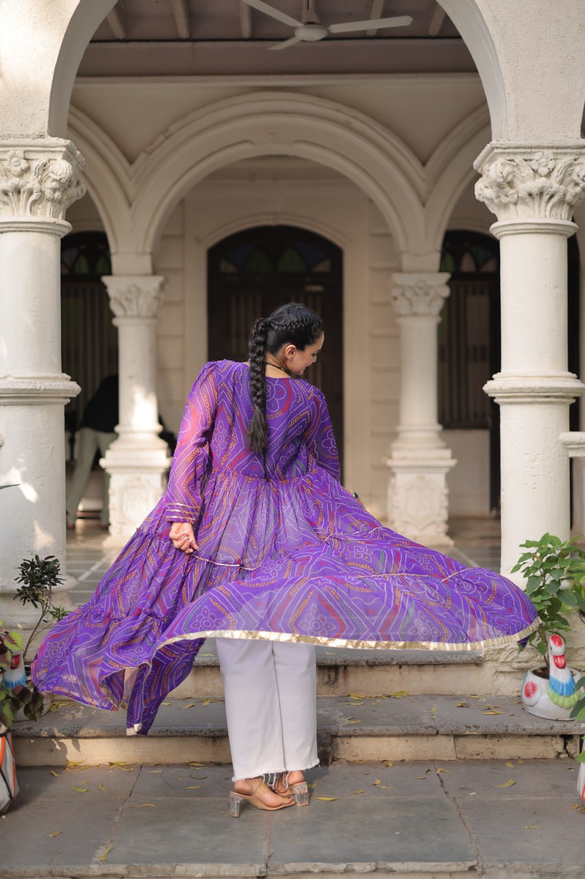 Purple Faux Georgette Bandhani Shrug with Kutchi Patchwork