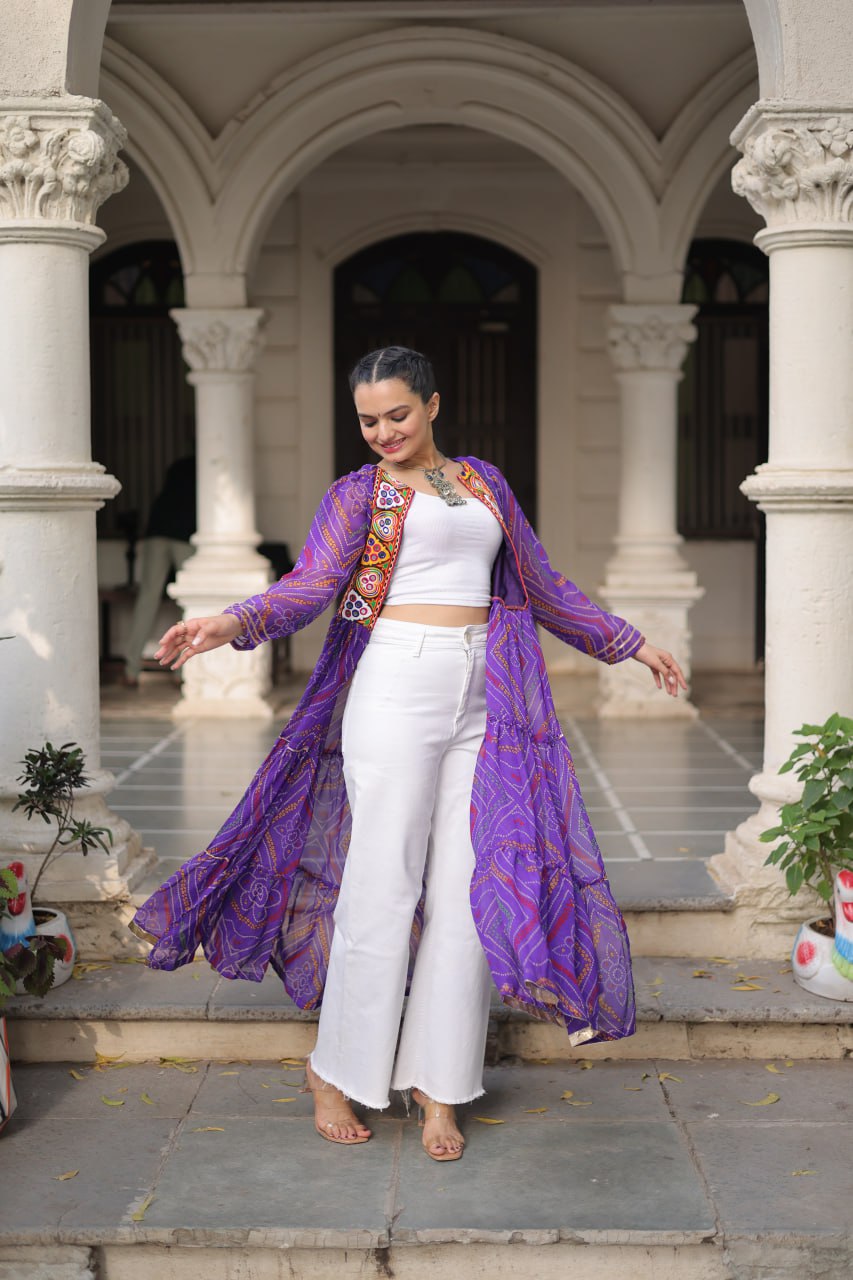 Purple Faux Georgette Bandhani Shrug with Kutchi Patchwork