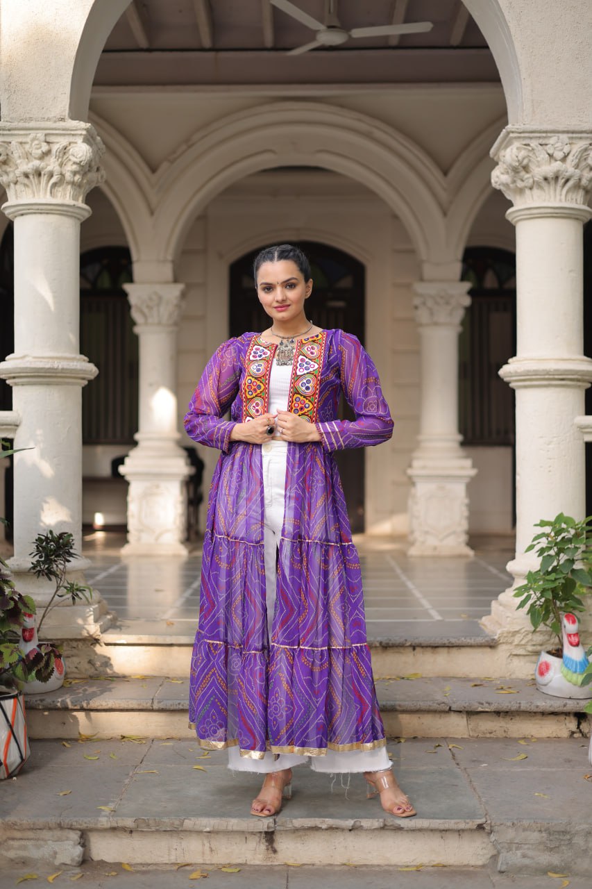 Purple Faux Georgette Bandhani Shrug with Kutchi Patchwork