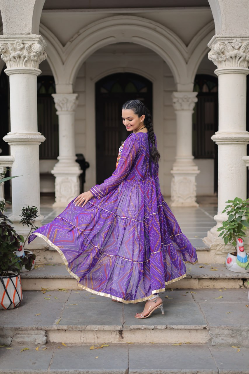 Purple Faux Georgette Bandhani Shrug with Kutchi Patchwork