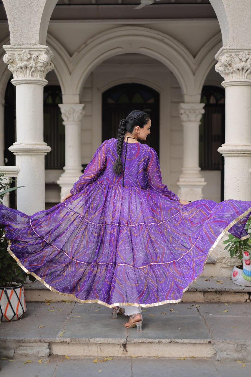 Purple Faux Georgette Bandhani Shrug with Kutchi Patchwork