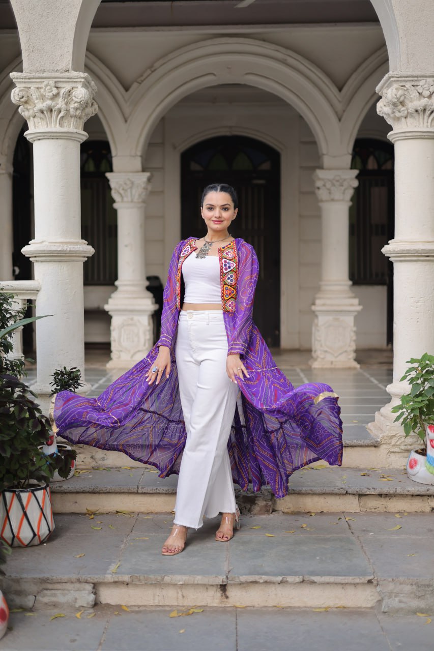 Purple Faux Georgette Bandhani Shrug with Kutchi Patchwork