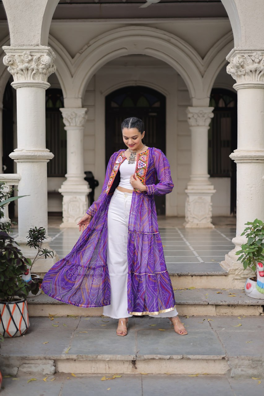 Purple Faux Georgette Bandhani Shrug with Kutchi Patchwork