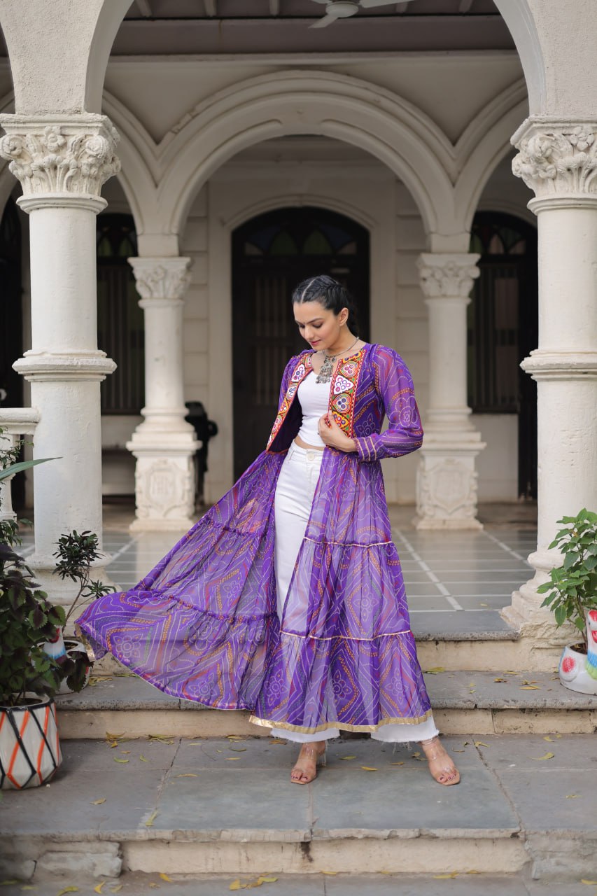 Purple Faux Georgette Bandhani Shrug with Kutchi Patchwork