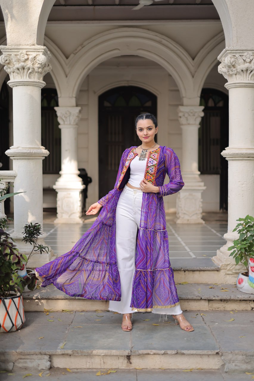 Purple Faux Georgette Bandhani Shrug with Kutchi Patchwork