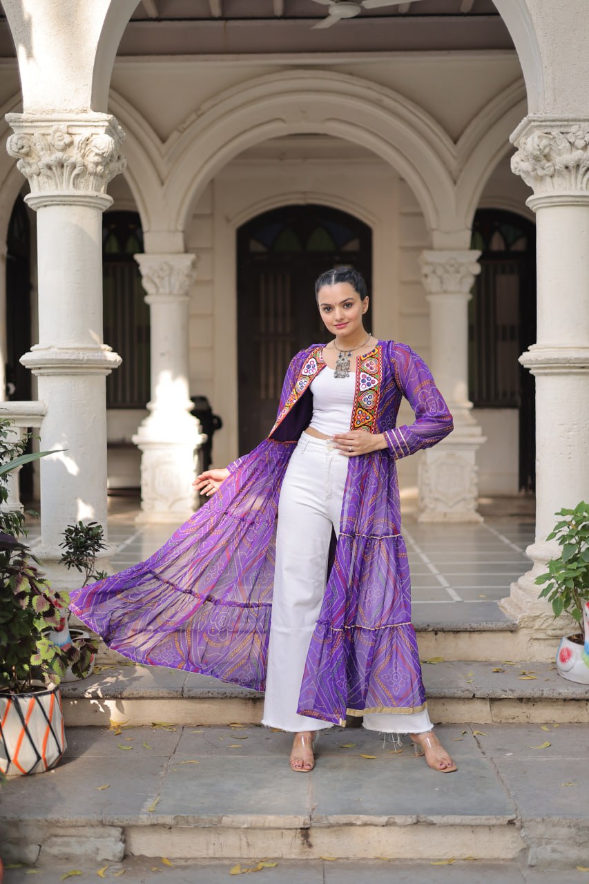 Purple Faux Georgette Bandhani Shrug with Kutchi Patchwork