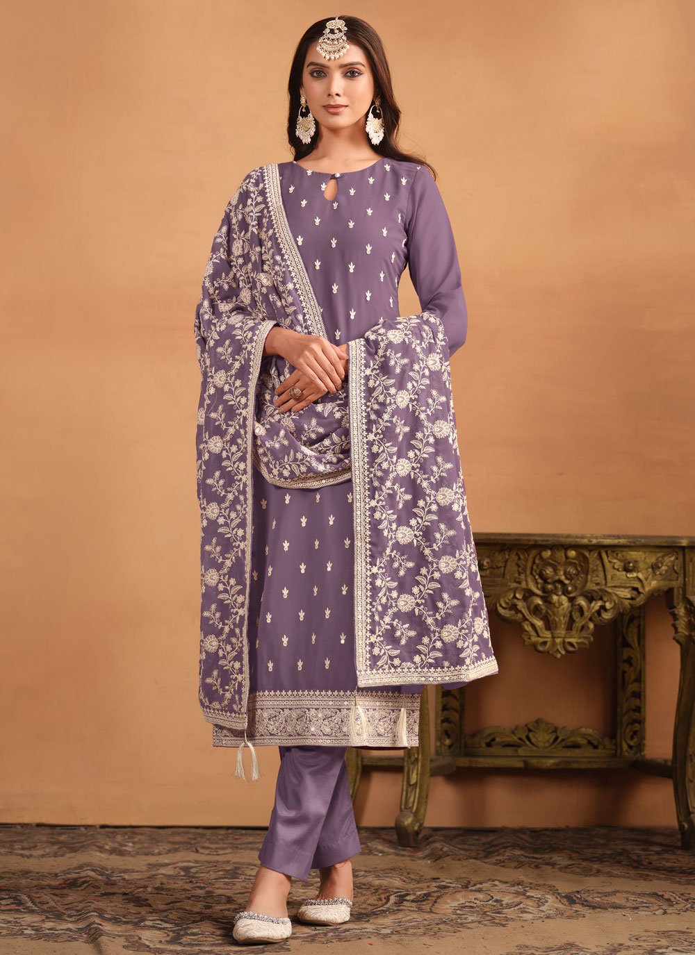 Purple faux georgette embroidered pakistani straight suit