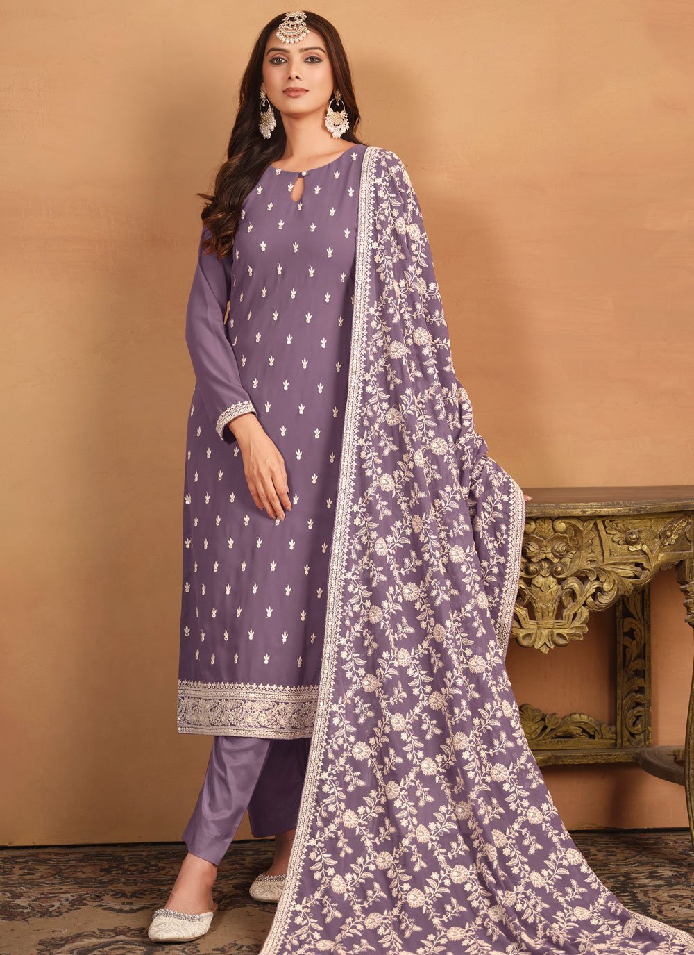 Purple faux georgette embroidered pakistani straight suit