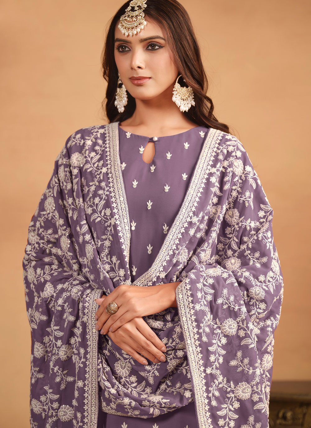 Purple faux georgette embroidered pakistani straight suit