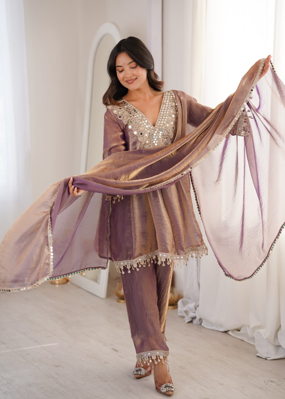 Purple Fendy Mirror Work Kurti Pant Set