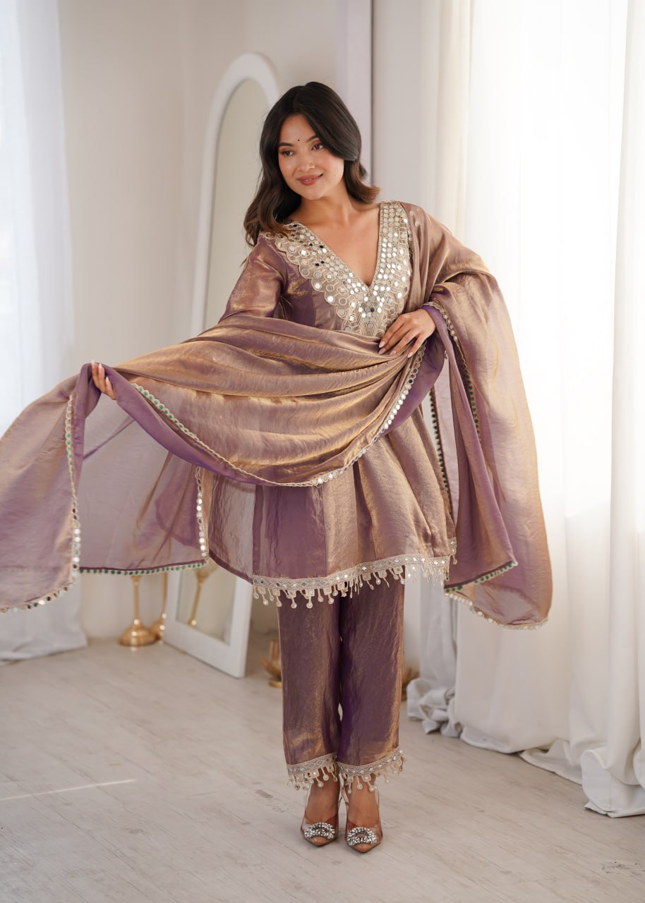 Purple Fendy Mirror Work Kurti Pant Set