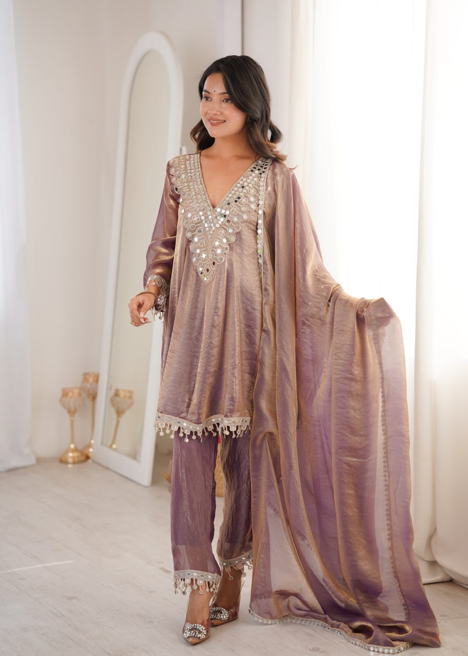 Purple Fendy Mirror Work Kurti Pant Set
