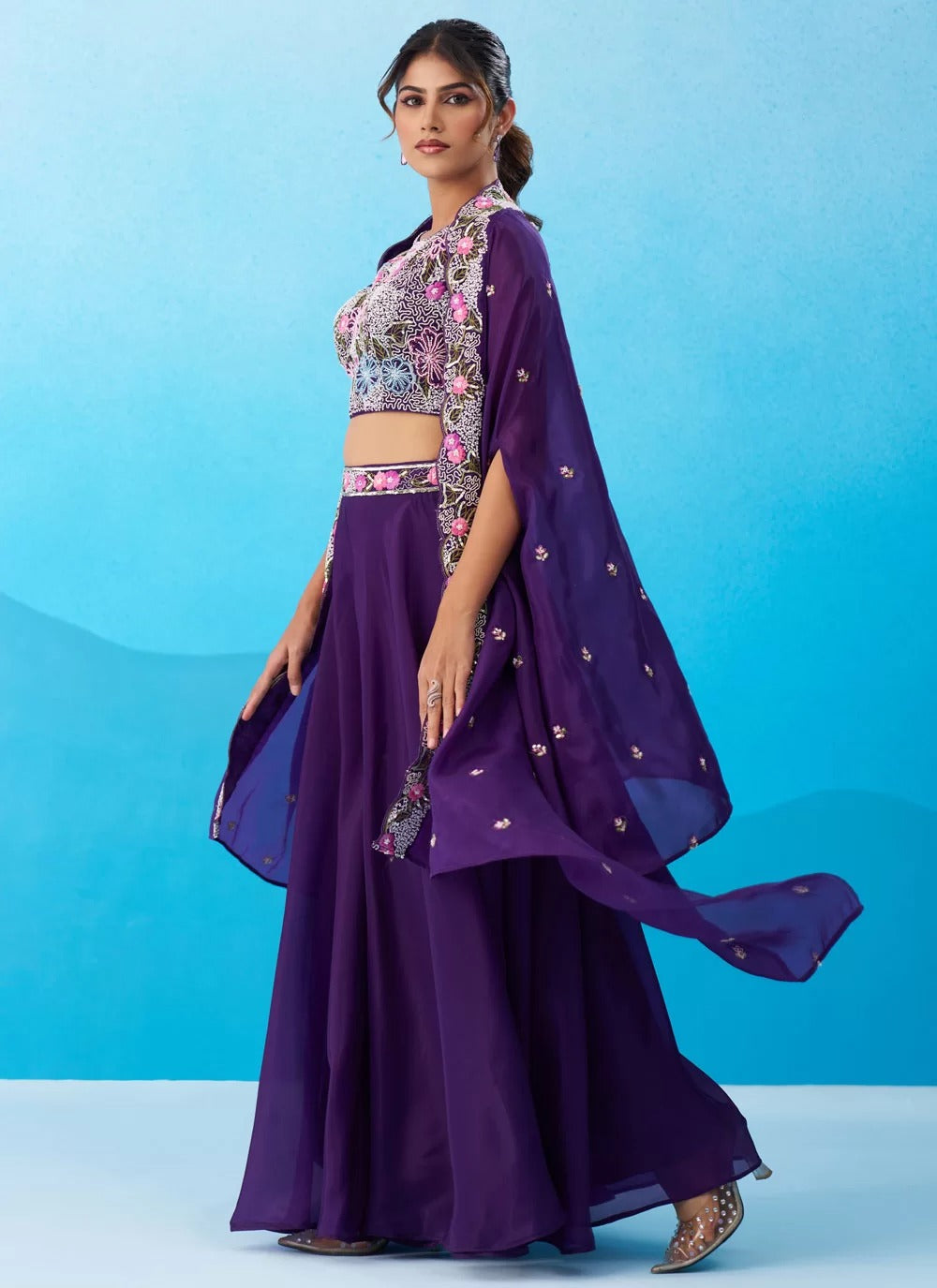 Purple crepe indo western set with embroidered flared cape palazzo