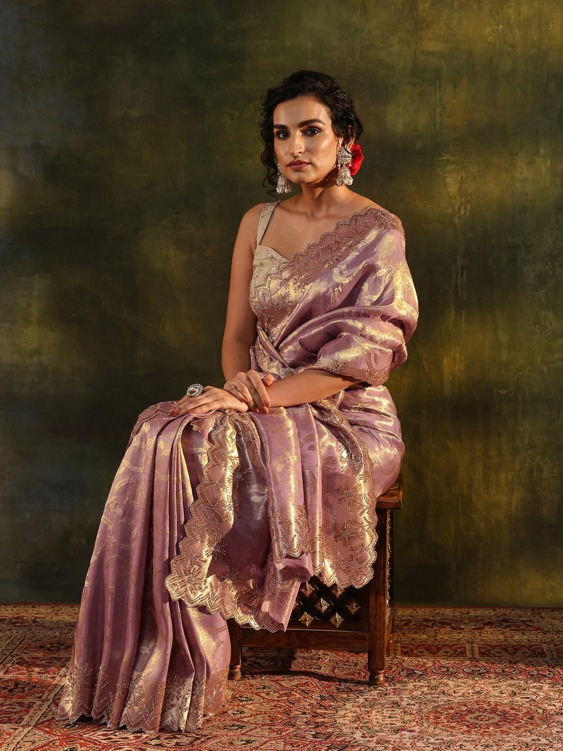 Mameraa Purple Floral Embellished Silk Saree With Unstitched Blouse Piece