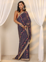 Libas Purple Floral Embellished Tissue Saree With Unstitched Blouse Piece