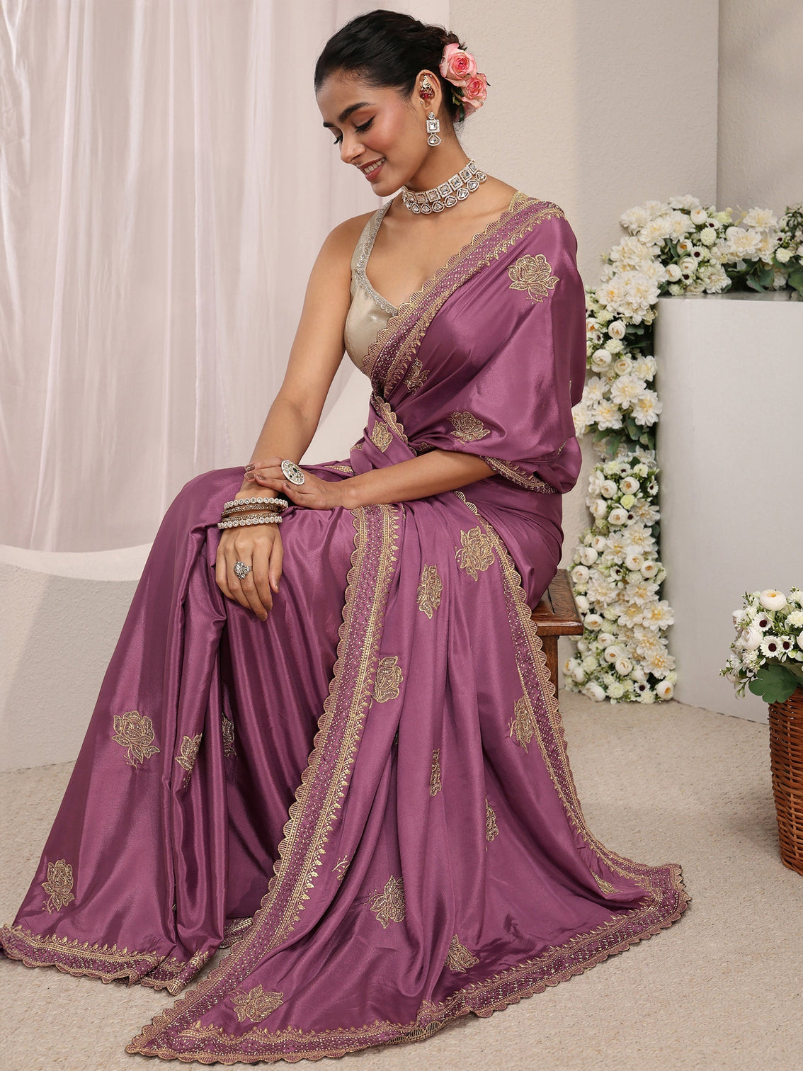 Mameraa Purple Floral Embroidered Satin Saree With Unstitched Blouse Piece