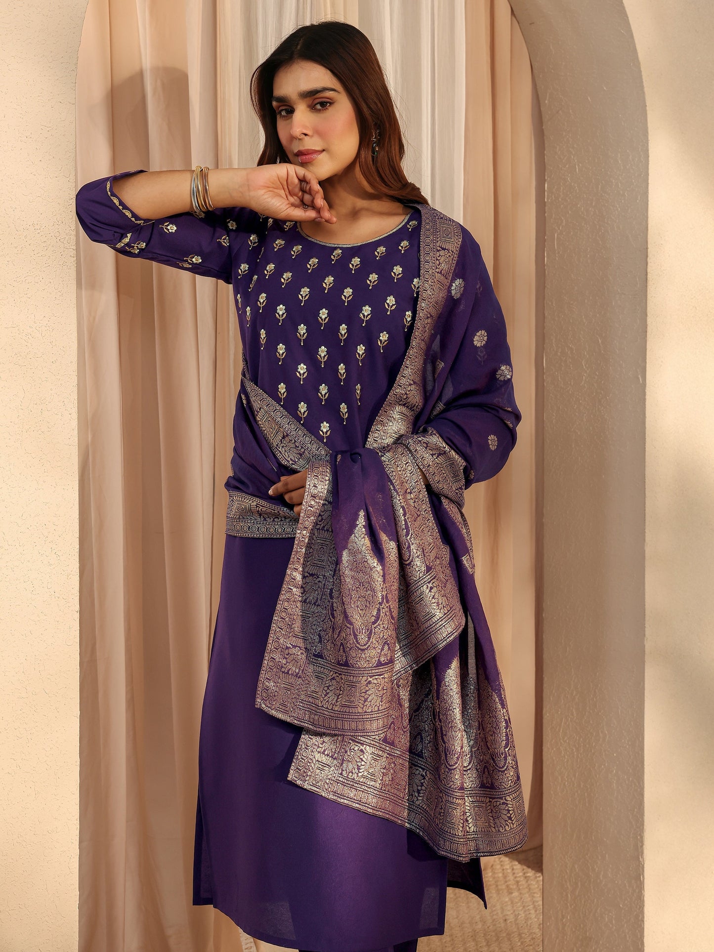 Libas Purple Floral Embroidered Silk Blend Straight Suit Set With Dupatta